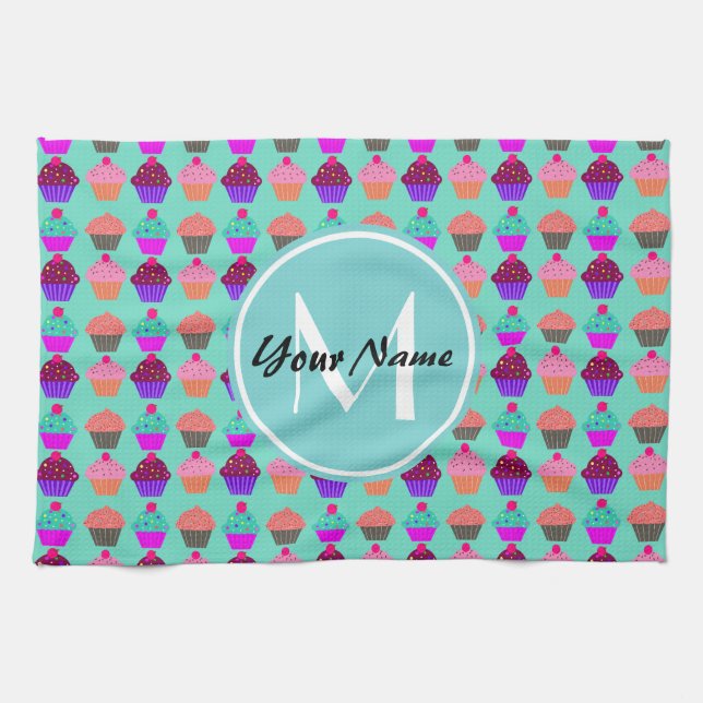Linge De Cuisine Monogramme personnalisé Aqua Cupcake (Horizontal)