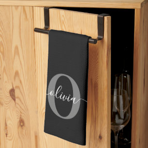 Linge De Cuisine Monogramme personnalisé Nom de script noir blanc g