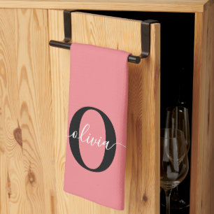 Linge De Cuisine Monogramme personnalisé Nom de script noir blanc r