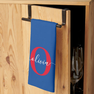 Linge De Cuisine Monogramme personnalisé Nom du script Bleu Blanc R