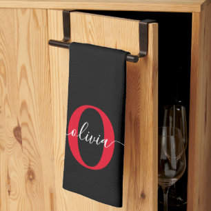 Linge De Cuisine Monogramme personnalisé Nom du script Noir Blanc R