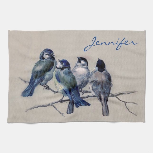Linge De Cuisine Monogramme personnalisé Nom Oiseaux gris bleu Vint (Horizontal)