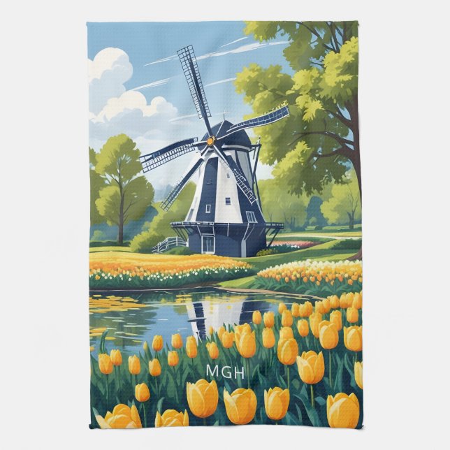 Linge De Cuisine Monogramme personnalisé Pays-Bas Windmills (Vertical)