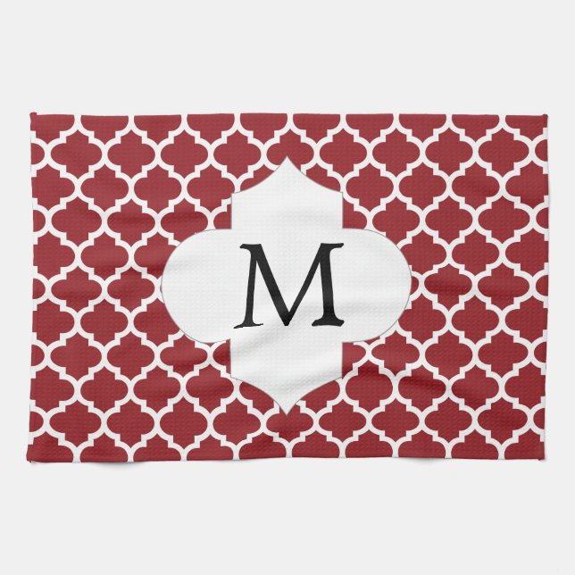 Linge De Cuisine Monogramme personnalisé Quatrefoil rouge et blanc (Horizontal)