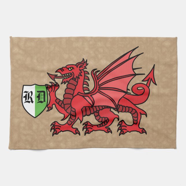 Linge De Cuisine Monogramme personnalisé Welsh Dragon (Horizontal)