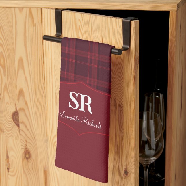Linge De Cuisine Monogramme Plaid Personnalisé Rouge Tartan Cuisson (Pliage en tiers)