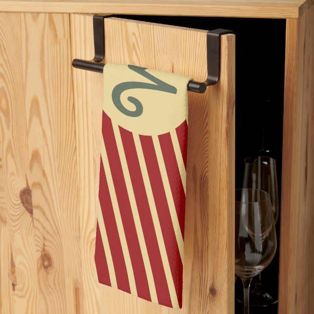 Linge De Cuisine Monogramme Rayures Rouge Cramoisi & Crème Varsity  (Pliage en tiers)
