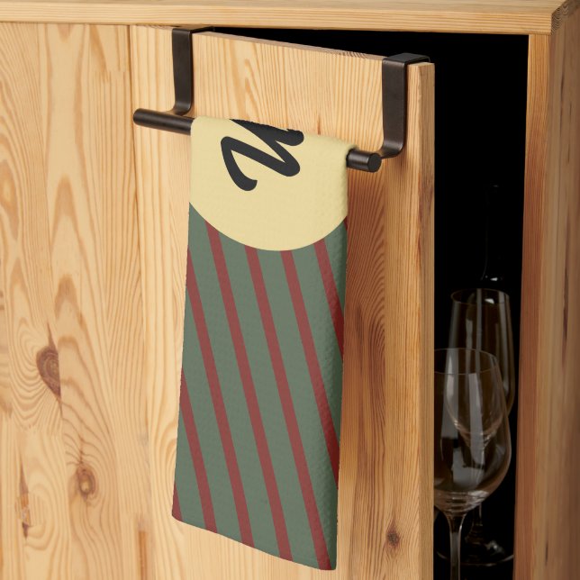 Linge De Cuisine Monogramme rayures vert forêt et bordeaux Prépa (Pliage en tiers)
