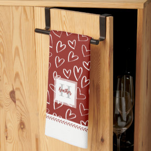 Linge De Cuisine Monogramme Red Valentine Heart Motif