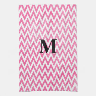 Linge De Cuisine Monogramme rose blanc Chevron