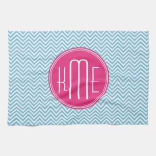 Linge De Cuisine Monogramme rose magenta avec Chevron bleu-clair