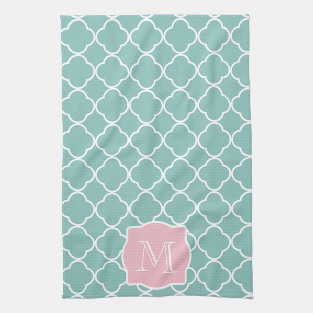 Linge De Cuisine Monogramme rose vert clair de Quatrefoil (Vertical)