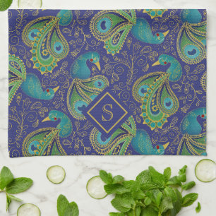 Linge De Cuisine Monogramme Royal Bleu Paisley Paon