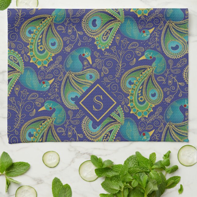 Linge De Cuisine Monogramme Royal Bleu Paisley Paon (Plié)