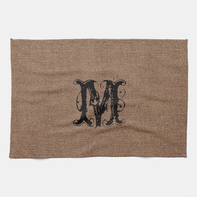 Linge De Cuisine Monogramme rustique de noir de toile de jute - (Horizontal)