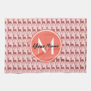 Linge De Cuisine Monogramme Saumon rose cerf, nom personnalisé