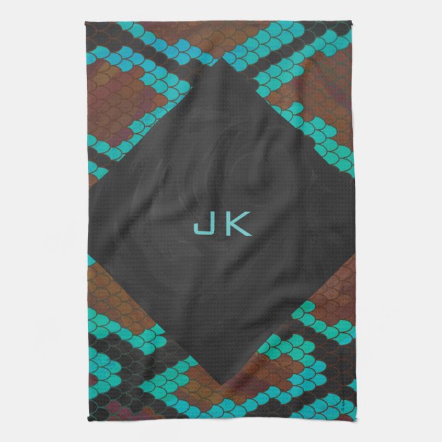 Linge De Cuisine Monogramme serpent impression Brown et Turquoise (Vertical)