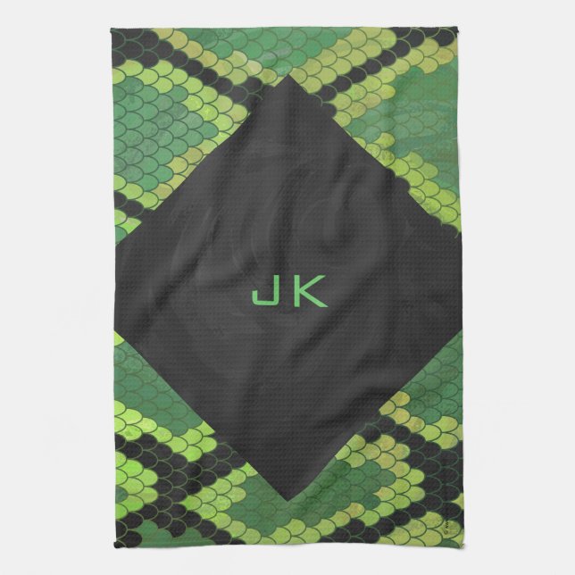 Linge De Cuisine Monogramme Serpent vert et noir (Vertical)