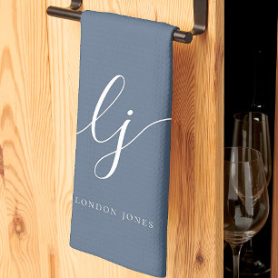 Linge De Cuisine Monogramme Simple Élégante Calligraphie Marine Scr