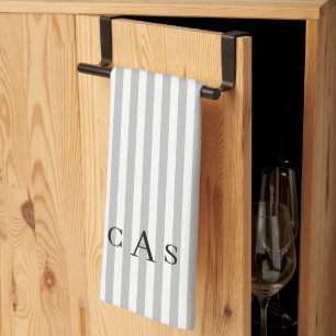 Linge De Cuisine Monogramme simple rayé gris