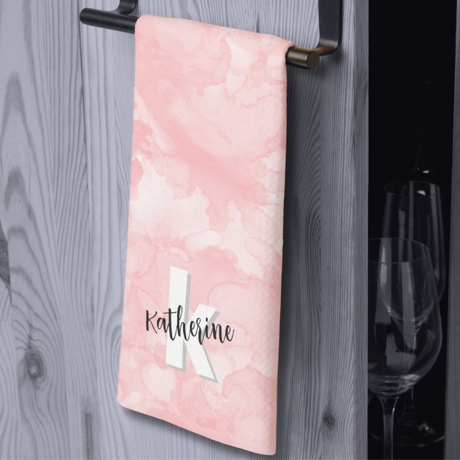 Linge De Cuisine Monogramme stylé aquarelle rose (Stylish Cute Modern Watercolor Pink Monogram kitchen towel)