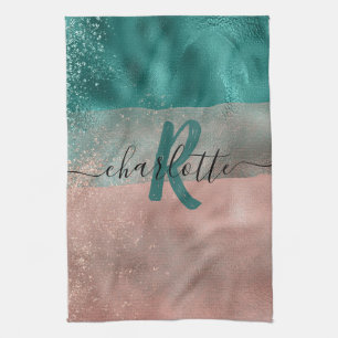 Linge De Cuisine Monogramme Turquoise et doux Pink Ombre Foil