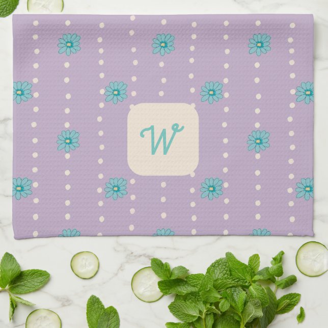 Linge De Cuisine Monogramme turquoise et violet Floral Cuisine Serv (Plié)