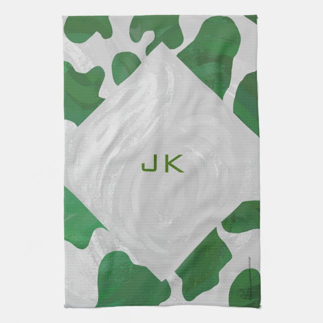 Linge De Cuisine Monogramme vert et blanc de vache (Vertical)