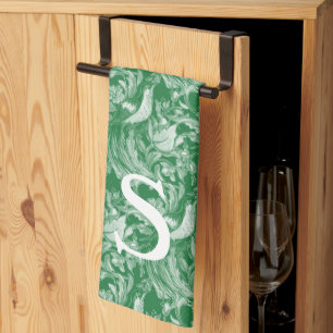Linge De Cuisine Monogramme Vert Oiseau Floral Intricité Art Vintag