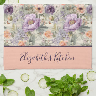 Linge De Cuisine Monogramme Vintage Pêche Pourpre Floral Shabby Chi