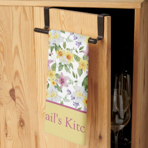 Linge De Cuisine Monogramme violet jaune blanc vert floral chic