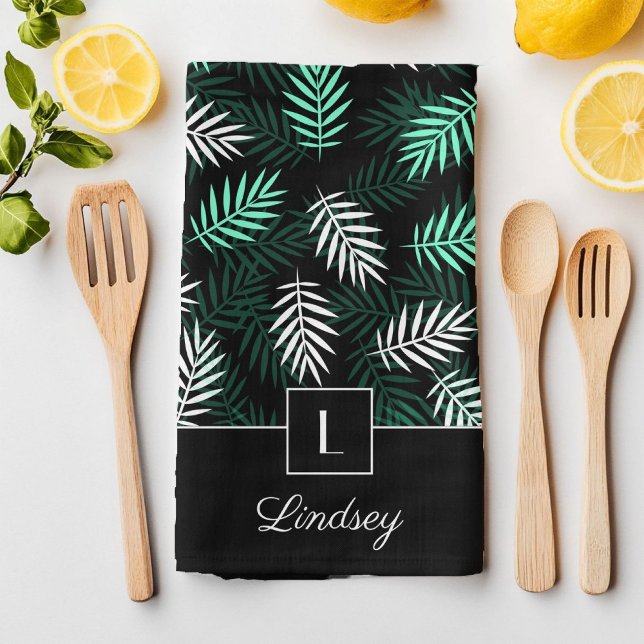 Linge De Cuisine Monogramme & Votre Nom Sur Motif De Feuilles Vert  (Modern Monogram Green Botanical Pattern Kitchen Towel)