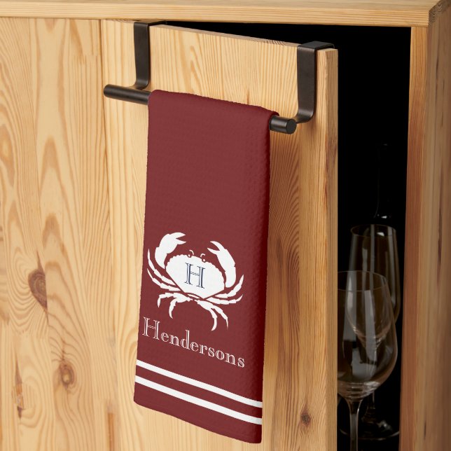 Linge De Cuisine Monogrammed Red  White Crab Nautical Kitchen Towel (Pliage en tiers)