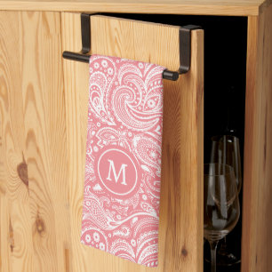 Linge De Cuisine Monographie motif Paisley vintage blanc et rose