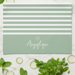 Linge De Cuisine Monongramme Sage Modern Heart and Stripes