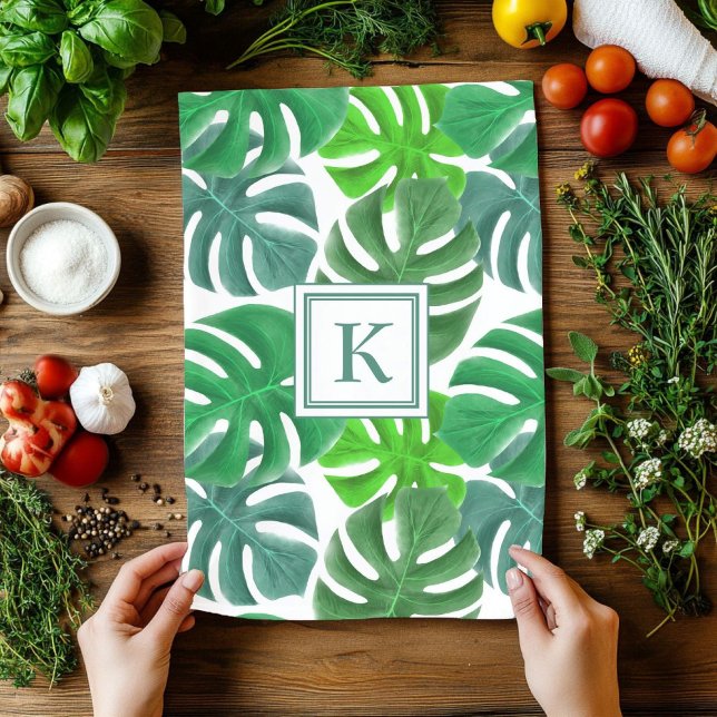 Linge De Cuisine Monstera Deliciosa Feuilles Motif monogramme (Monstera Deliciosa Leaves Monogrammed Pattern Kitchen Towel)