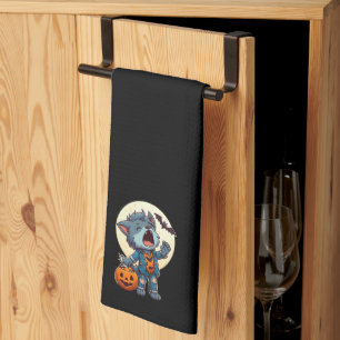 Linge De Cuisine Monstre de loup-garou mignon hurlant avec citrouil