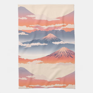 Linge De Cuisine Montagnes Couronnées de Neige Ciel Doré Aquarelle