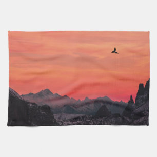Linge De Cuisine Montagnes Orange Sunset Bird dans le ciel