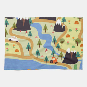 Linge De Cuisine Montagnes, rivières, forêt, motif automobile.