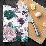 Linge De Cuisine Moody Boho | Eggplant violet et Rose Turquoise Mot<br><div class="desc">Un thème moderne, sombre et moody peint à la main avec un ton bijou aubergine violet, prune, mauve, bouquet floral turquoise d'aquarelle foncé agrémenté de laurier botanique et d'accents violets profonds. De la collection "Boho Bloom", cette disposition incorpore un riche bouquet fleur sauvage bohème avec des fleurs éclatantes et des...</div>