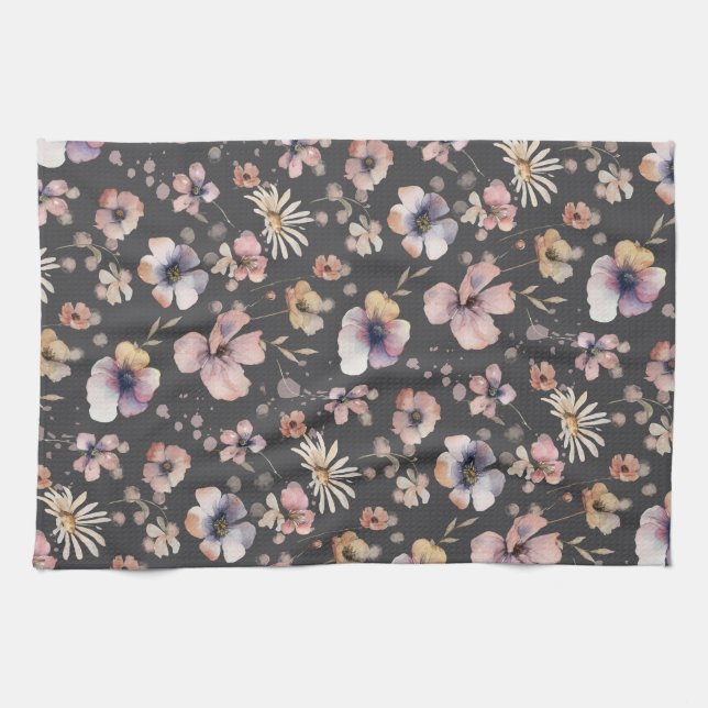 Linge De Cuisine Moody Boho Watercolor Blush Wildflowers Pattern  (Horizontal)
