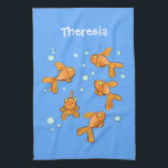 Linge De Cuisine Morceau de poisson rouge orange mignon sur dessin<br><div class="desc">Ce design amusant présente des caractéristiques de poisson rouge orange vif sur un arrière - plan de bulles bleues. Le tout dans un joyeux style de dessin animé !</div>