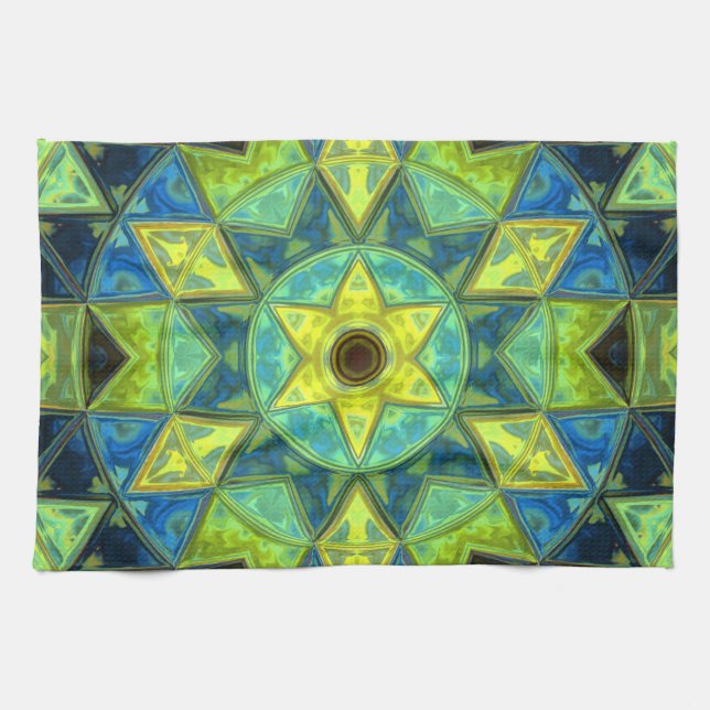 Linge De Cuisine Mosaic Kaleidoscope Fleur Jaune et Bleu (Horizontal)