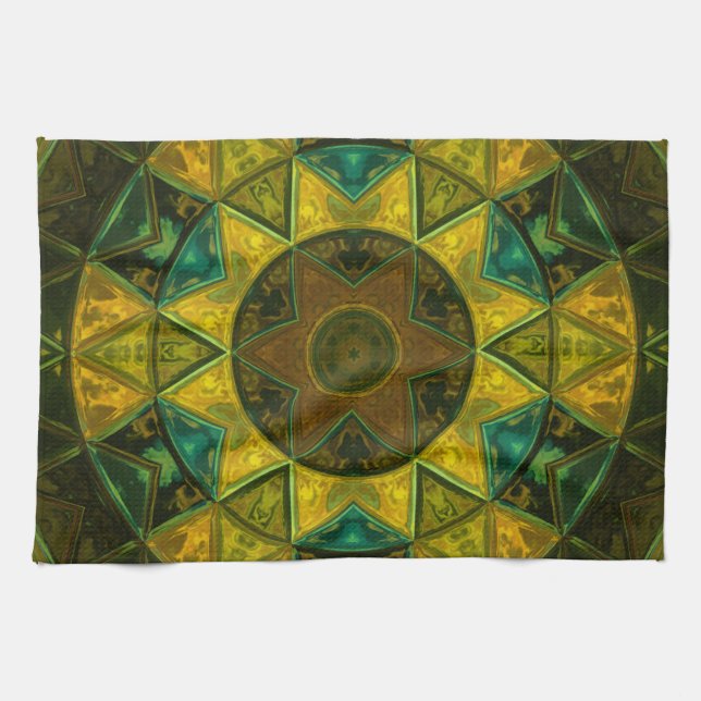 Linge De Cuisine Mosaic Kaleidoscope Fleur Jaune et Vert (Horizontal)