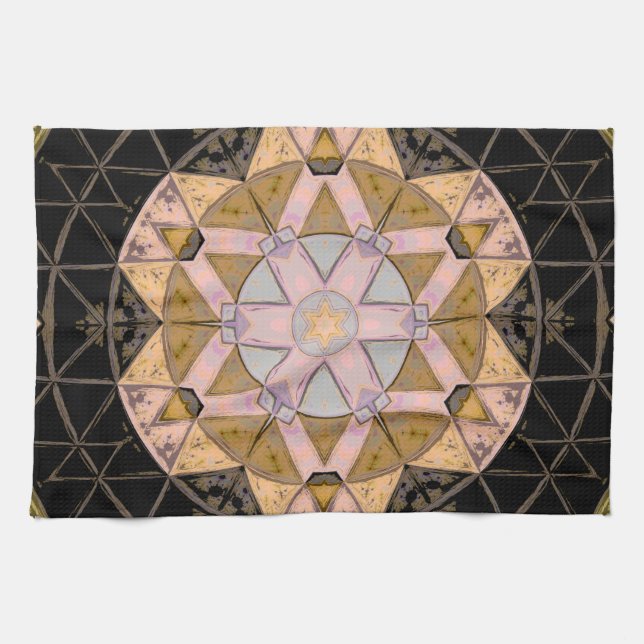 Linge De Cuisine Mosaic Mandala Fleur Jaune Bleu et Noir (Horizontal)