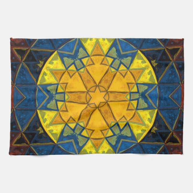 Linge De Cuisine Mosaic Mandala Fleur Jaune Bleu et Rouge (Horizontal)