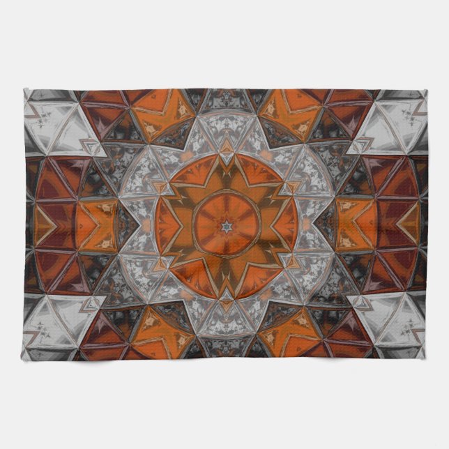 Linge De Cuisine Mosaic Mandala Fleur orange blanc et noir (Horizontal)