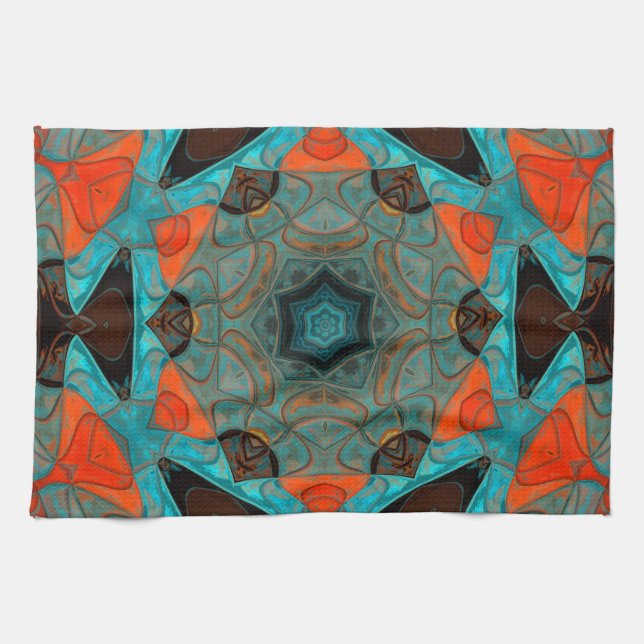 Linge De Cuisine Mosaic Mandala Flower bleu et orange (Horizontal)