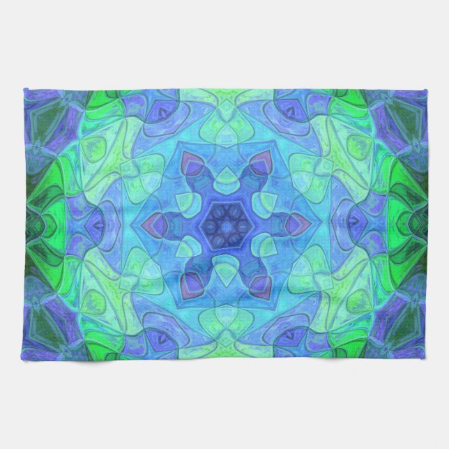 Linge De Cuisine Mosaic Mandala Flower bleu et vert (Horizontal)